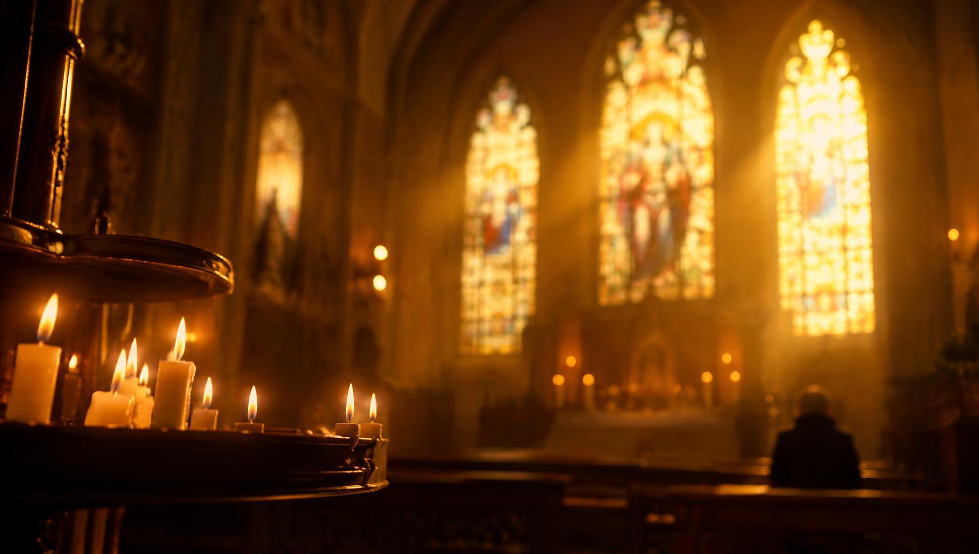 Candlelit sanctuary with stained glass windows
